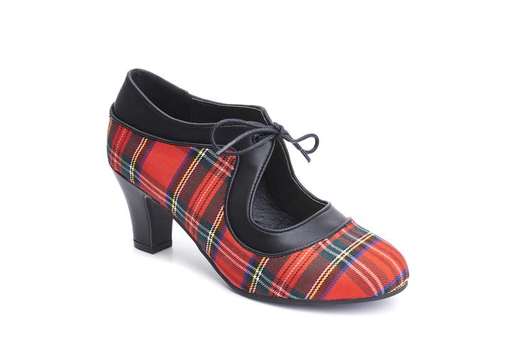 Lola Ramonan korkokenkä, punaruudullinen kangas ja musta reunus. Malli Ava Tartan Red Vegan.