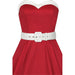 Vintage- ja merimieshenkinen, halterneck-tyyppinen kellohelmamekko. Väri punainen ja valkoiset yksityiskohdat. Lähikuva.