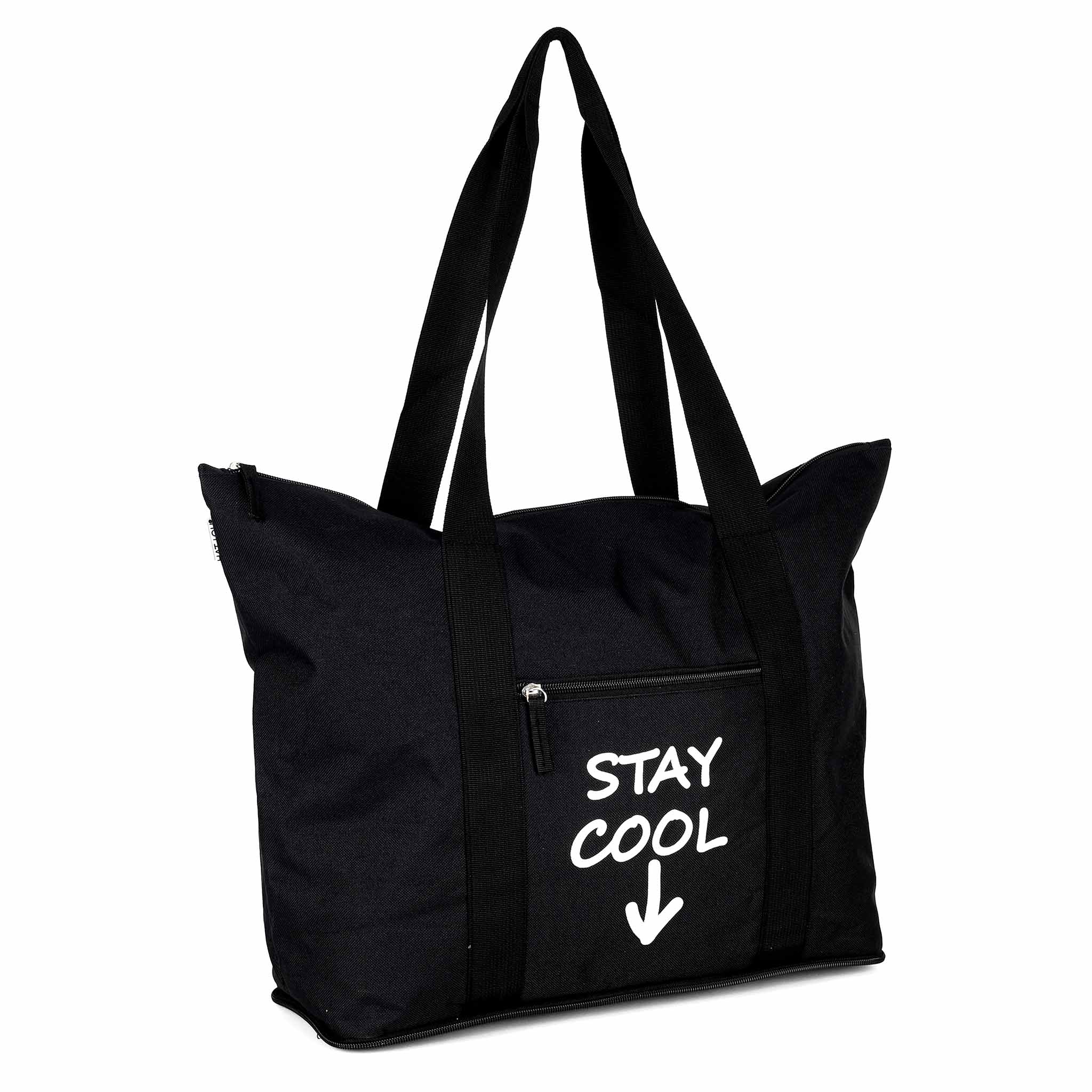 Hat You, musta kassi, jossa olkahihnat. Sivulla teksti Stay cool. Etukuva.