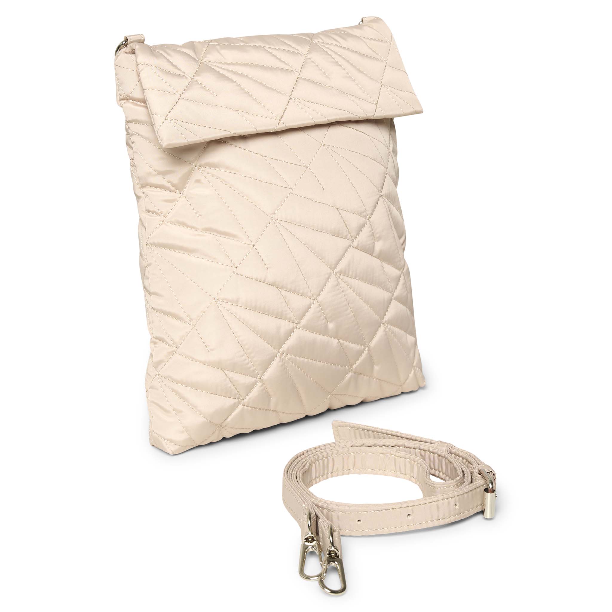 In Wear, beige tikkikankainen crossbody laukku. Etukuva.