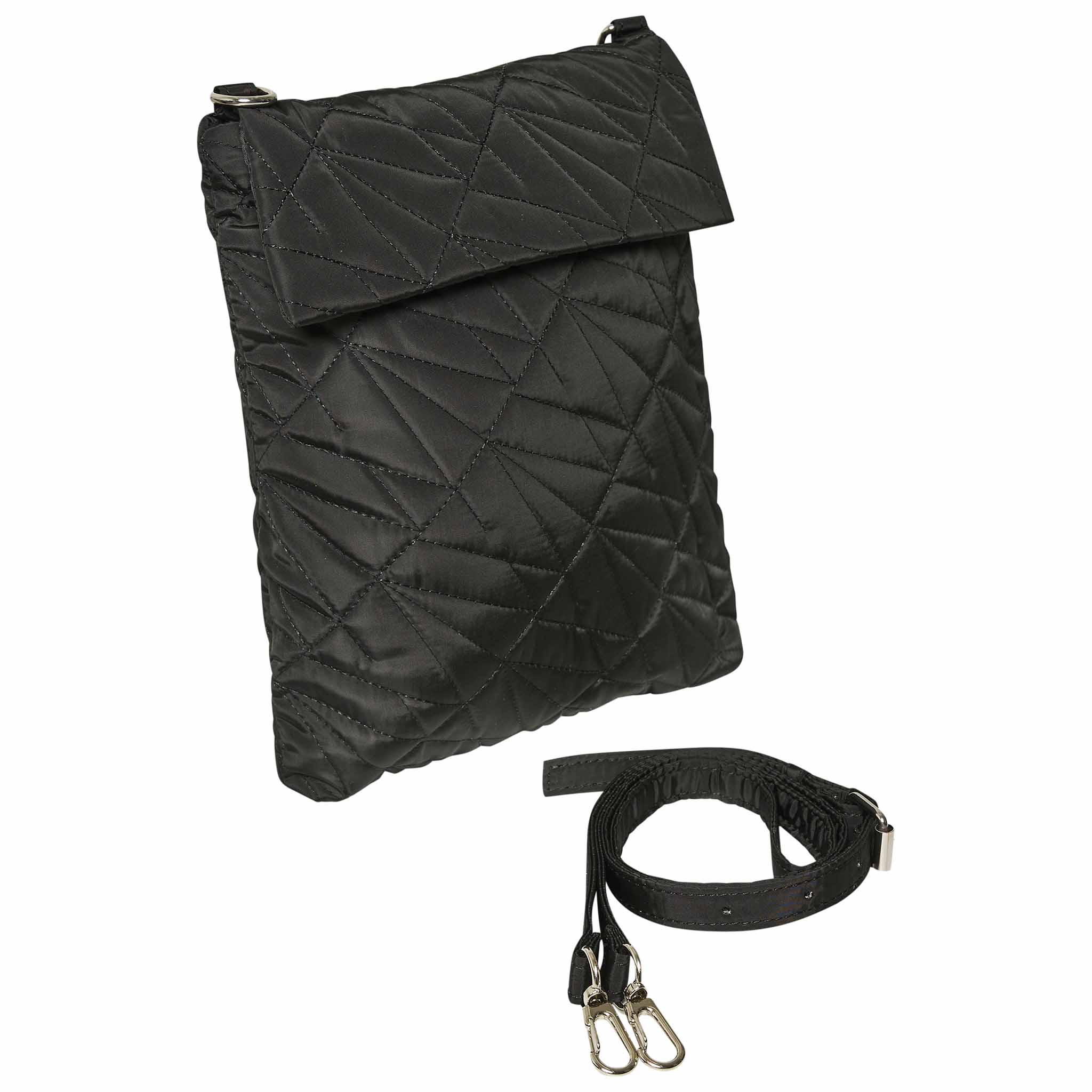 In Wear, musta tikkikankainen crossbody laukku. Etukuva.