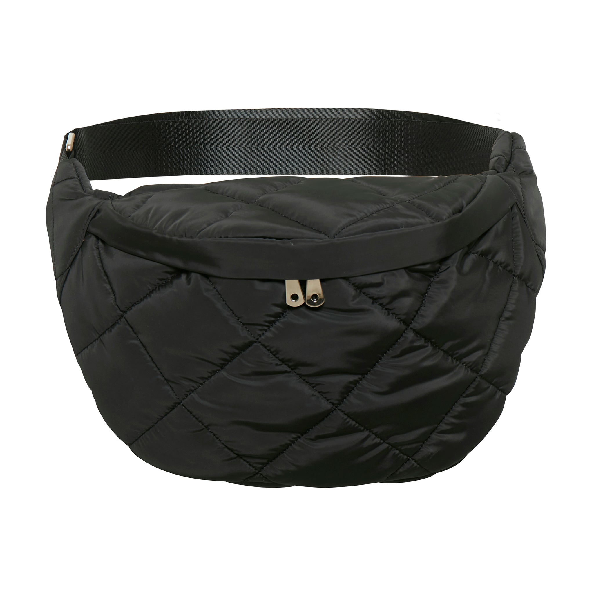 In Wearin ns. crossbody laukku. Musta tikkikangas. Etukuva.