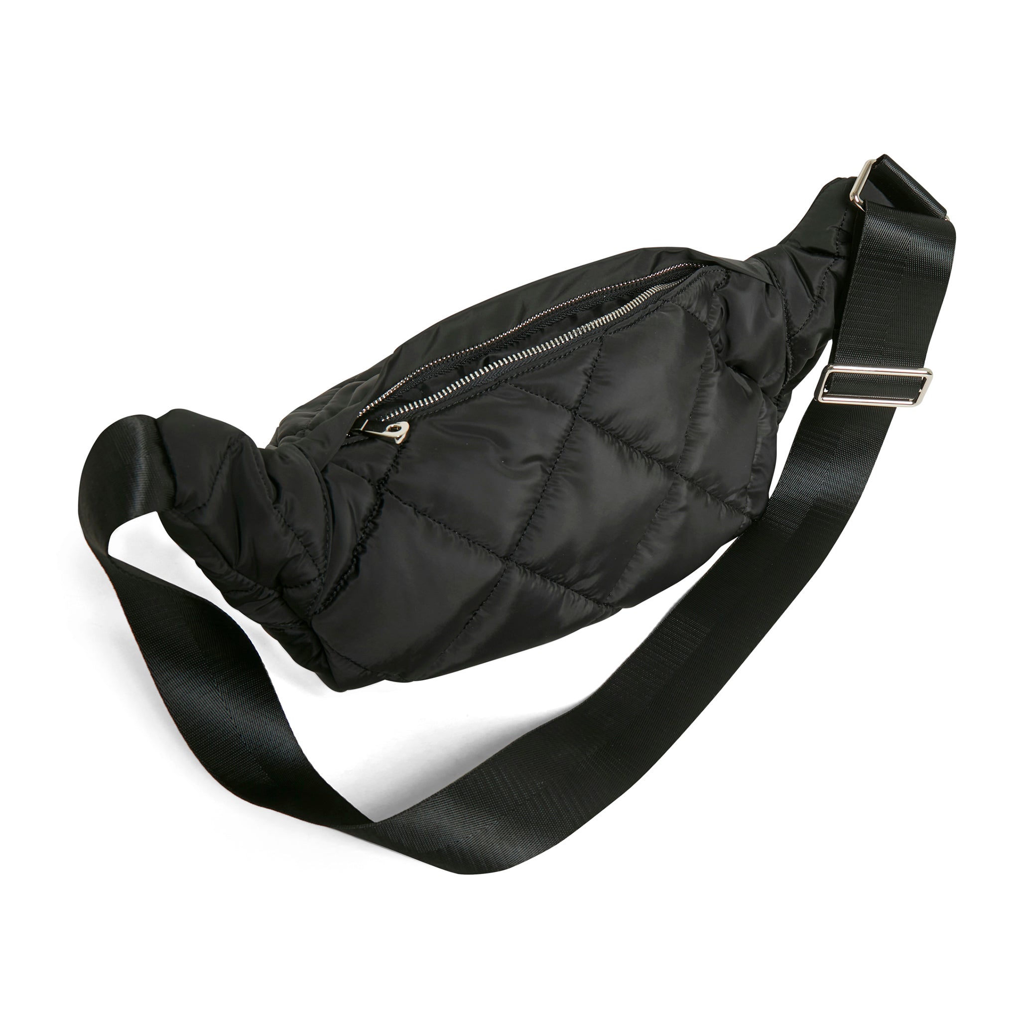 In Wearin ns. crossbody laukku. Musta tikkikangas. Takakuva.