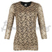 Muoti-Herralan naisten pitkä, kapealinjainen pusero. Pitsikangas, jossa mustalla pohjalla kullanväriset kukat. Etukuva.