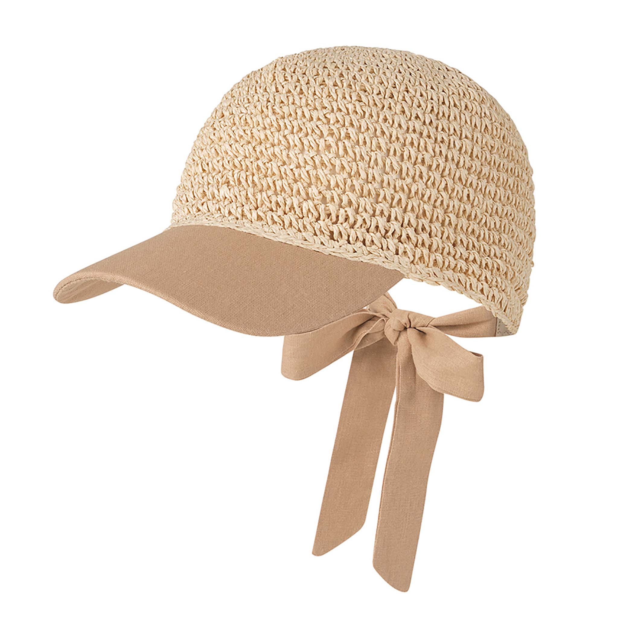 Masai, beige lippahattu. Päälliosa paperinarusta tehtyä neulosta. Kankaalla päällystetty lippa ja takana rusetti.