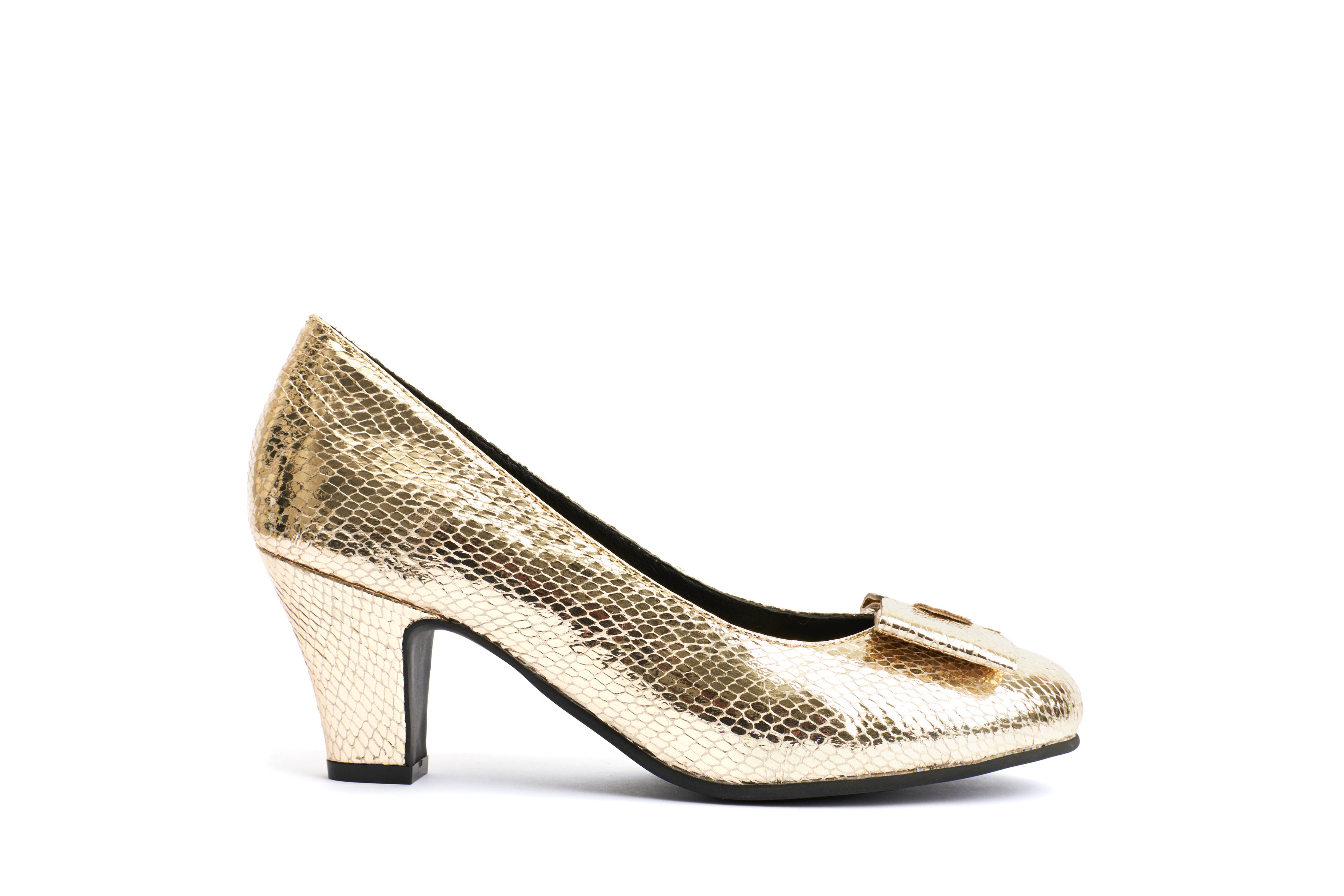 Lola Ramonan avokkaat, malli Ava Gold Topaz Vegan. Verkkokuvioitua kullanväristä vegaaninahkaa ja rusettisomiste. Sivukuva.