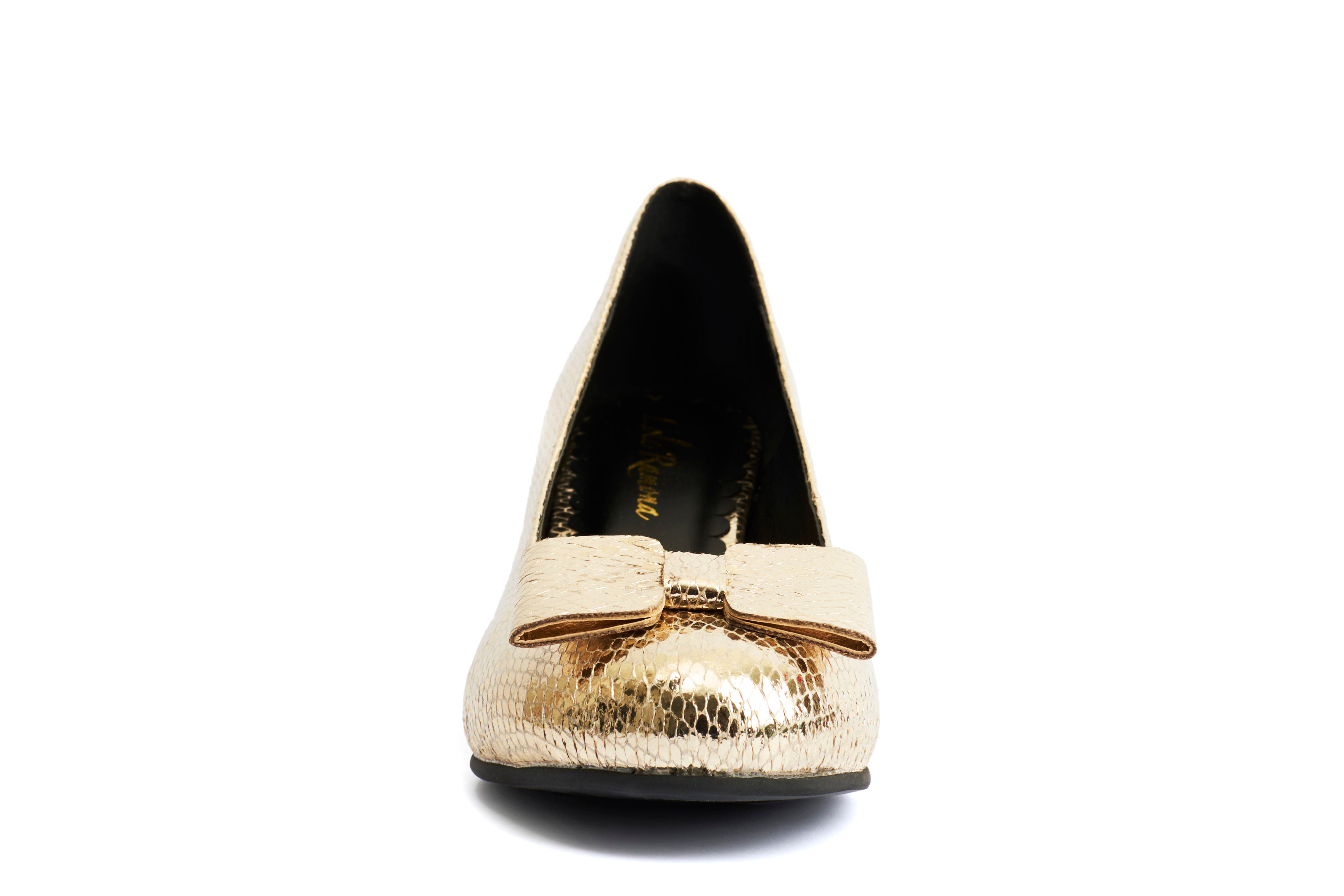 Lola Ramonan avokkaat, malli Ava Gold Topaz Vegan. Verkkokuvioitua kullanväristä vegaaninahkaa ja rusettisomiste. Etukuva.