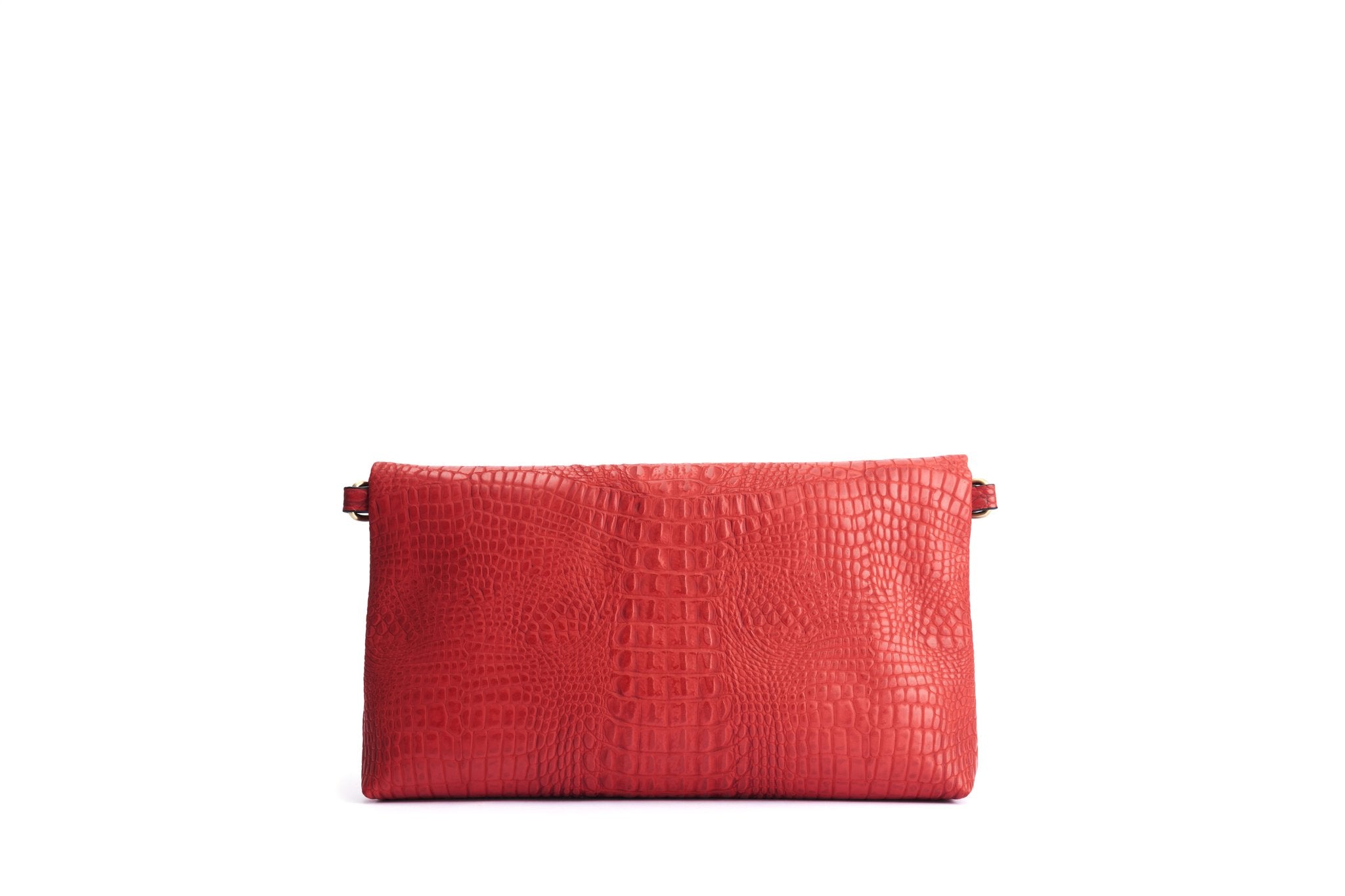 Krokotiilikuvioinen, punainen clutch-laukku Lola Ramonalta, malli Joy Red Crocodile. Takakuva.