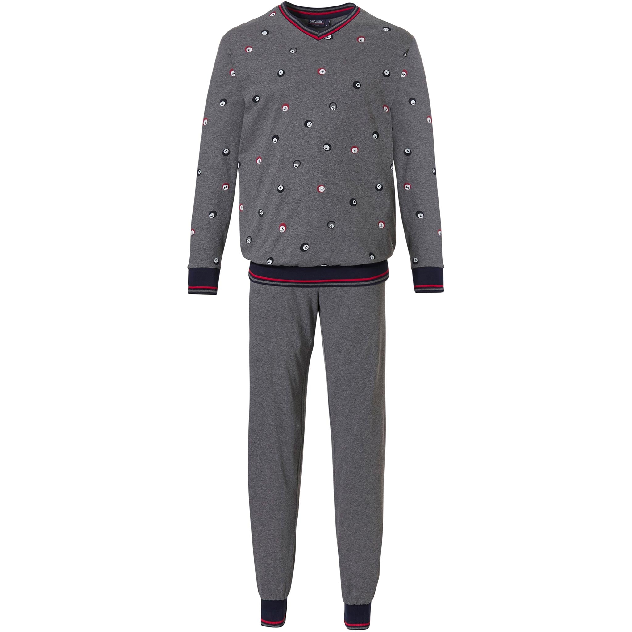 Lasten harmaa pyjama. Puserossa painokuviona biljardipalloja. Raidalliset resorit.
