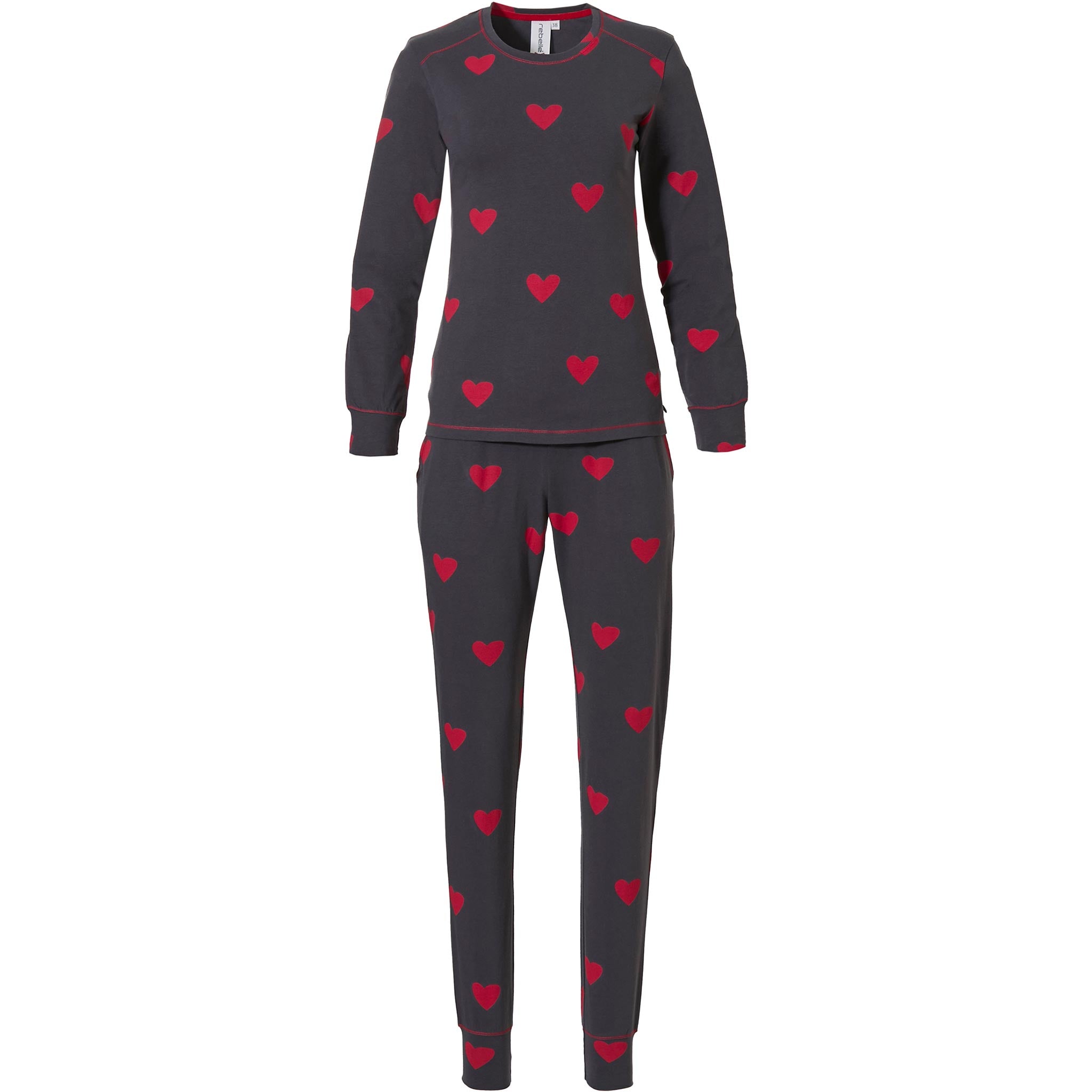 Naisten pitkähihainen pyjama. Tummanharmaalla pohjalla punaisia sydämiä.