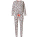 Naisten pyjama. Vaaleanharmaalla pohjalla monivärisiä sydänkuvioita.