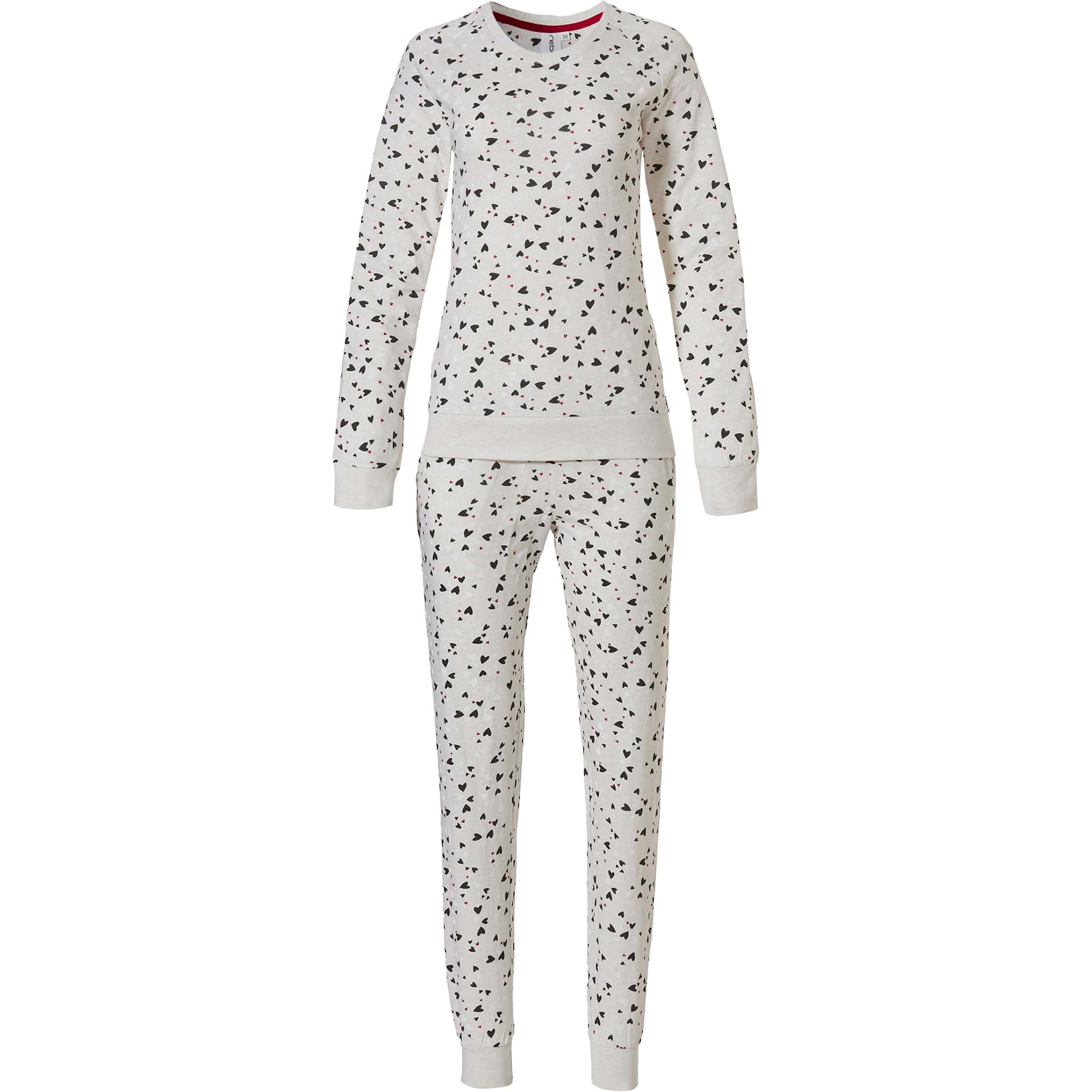 Naisten pyjama, jossa luonnonvalkoisella pohjalla mustia, valkoisia ja punaisia sydämiä.